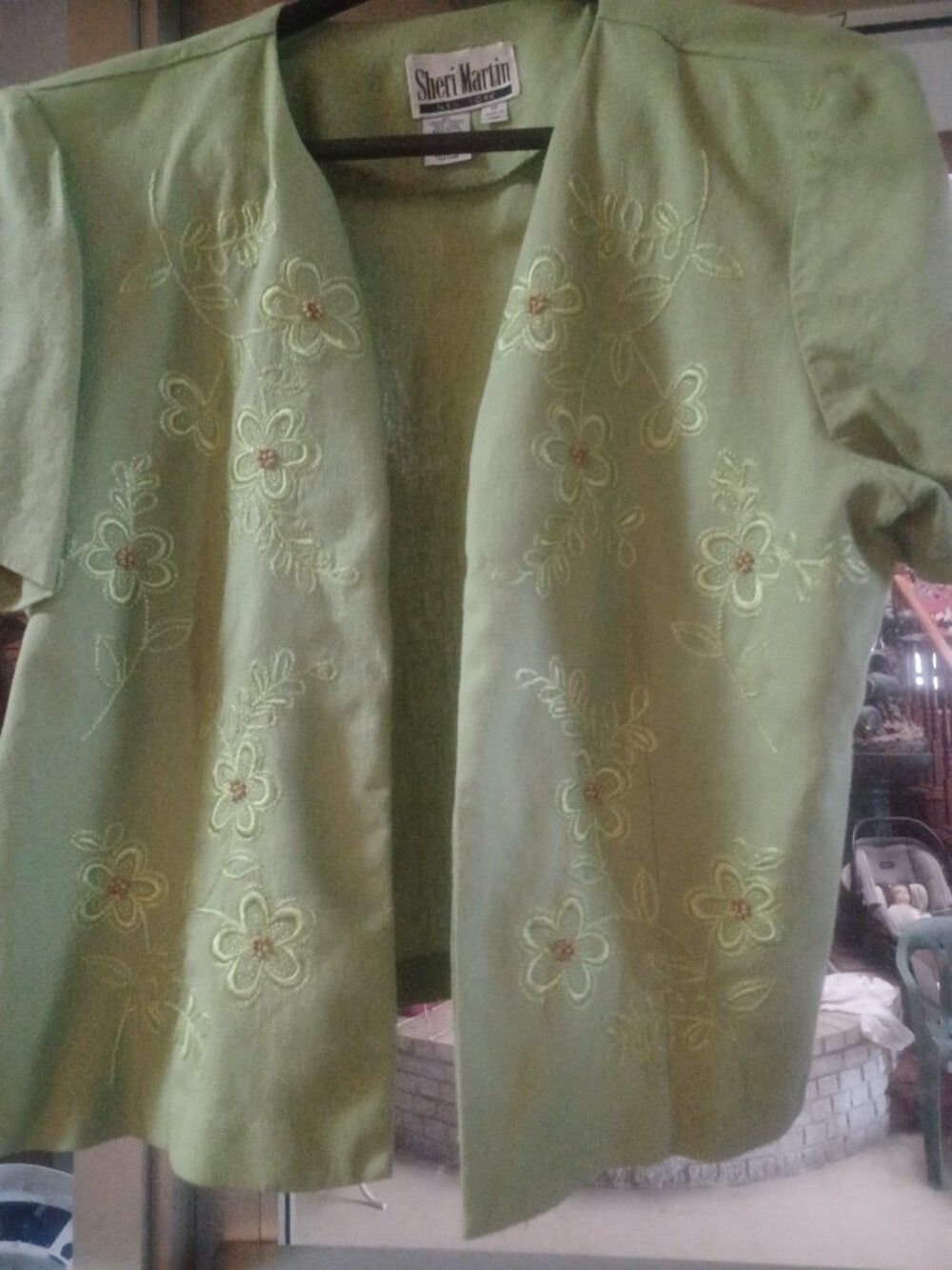 Vintage Sheri Martin Women's Linen Blend Blazer SZ 16 Spring Green Embroidery